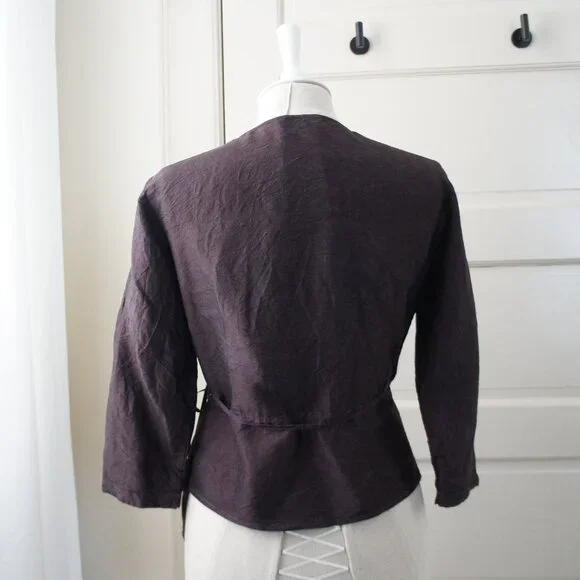 Dark Purple 100% Raw Silk Peplum Belted V Neck Top Size Small - Picture 8 of 12